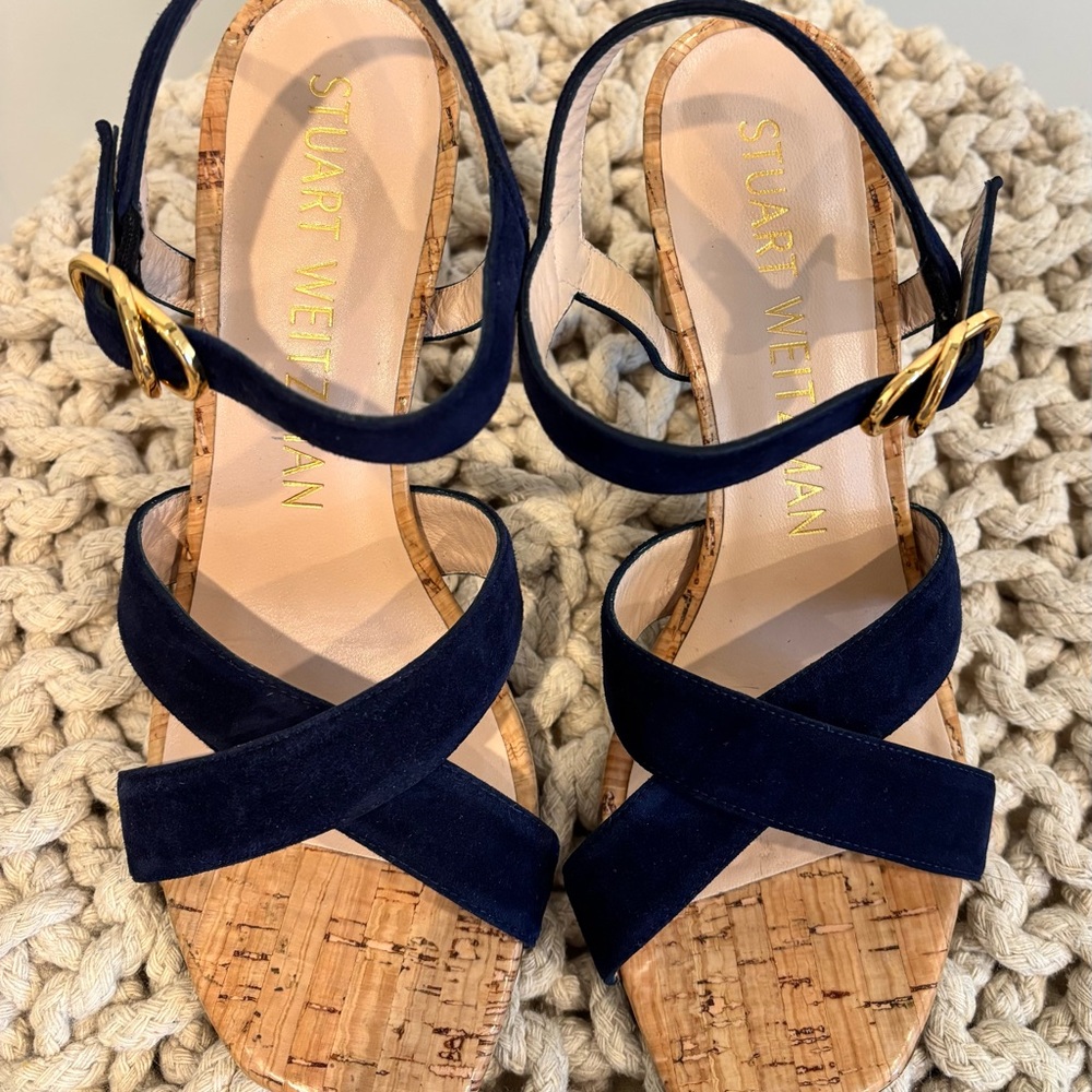 Stuart Weitzman Navy Suede Cork Block Heel Sandals - Picture 6 of 7